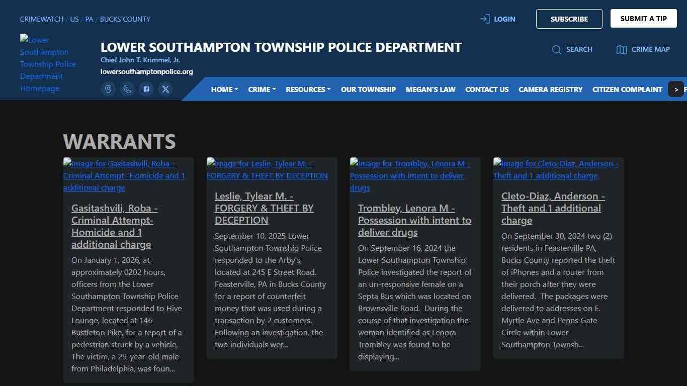Lower Southampton Township Police Department Warrants | CRIMEWATCH