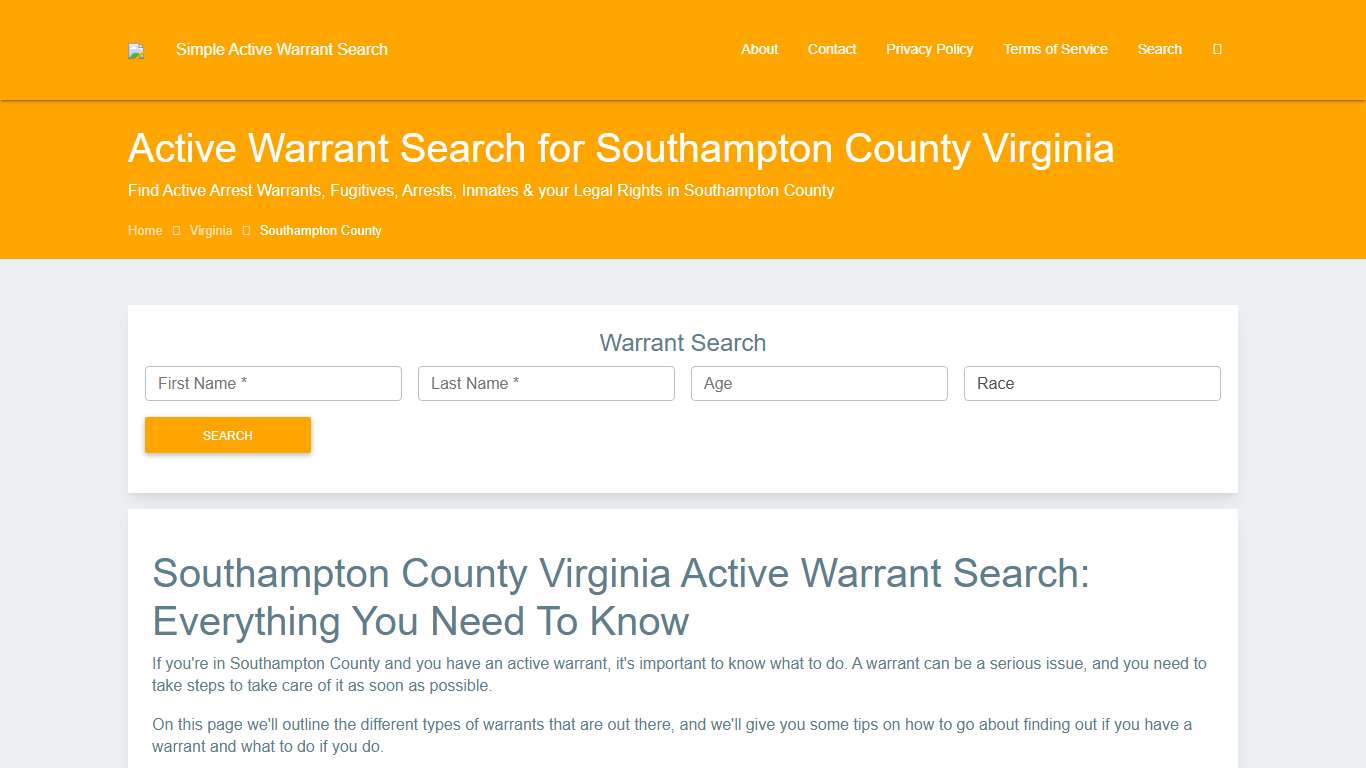 Active Warrant Search in Southampton County Virginia - Outstanding Warrants