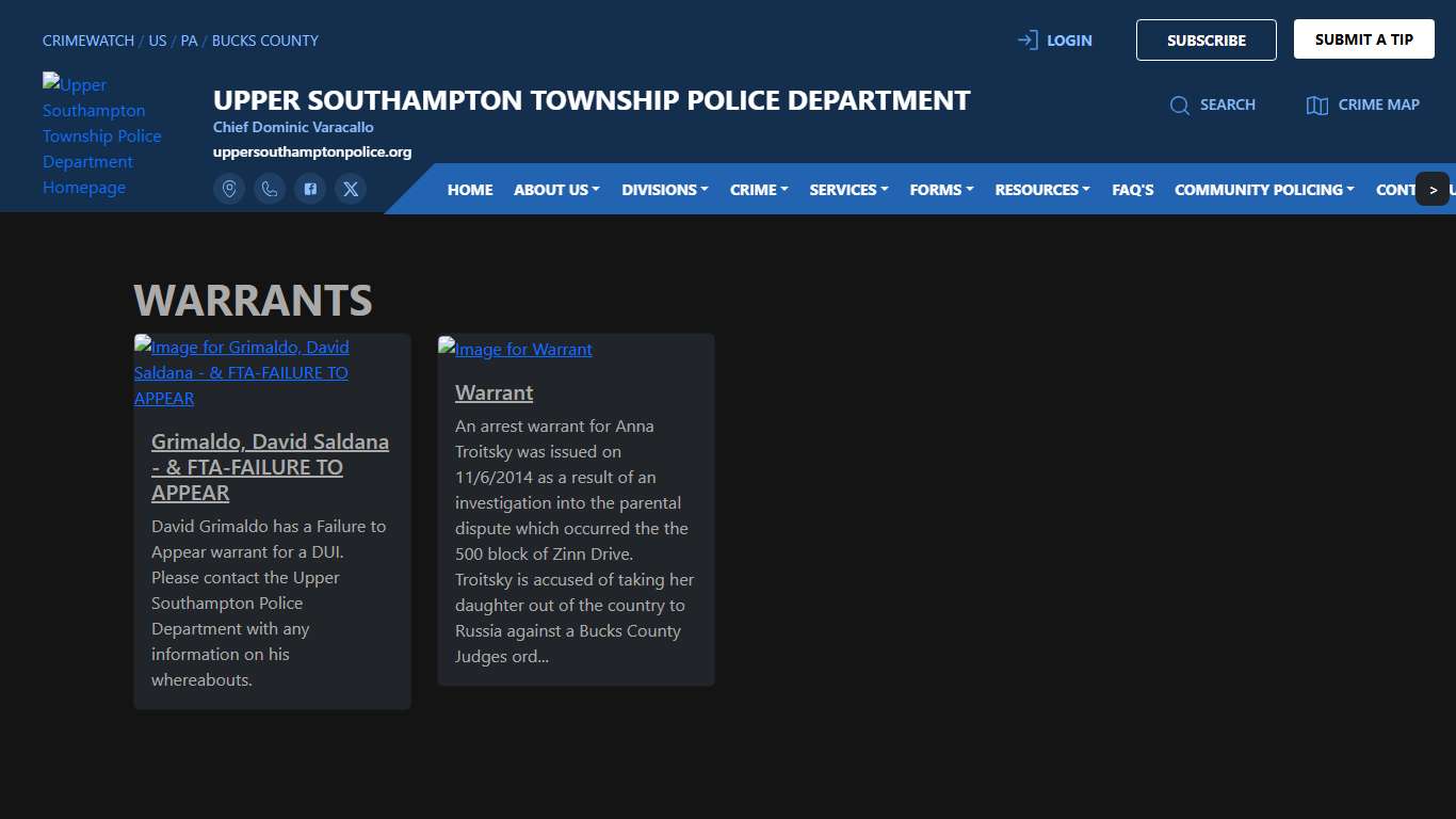 Upper Southampton Township Police Department Warrants | CRIMEWATCH
