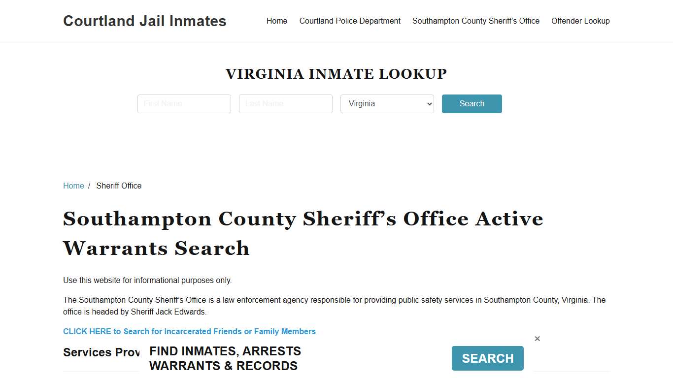 Southampton County Sheriff Office, VA Warrant Lookup